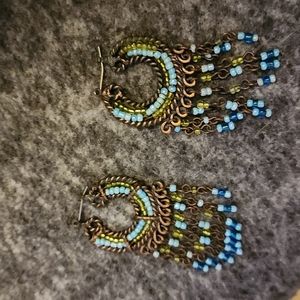 WESTERN STYLE TURQUOISE/GREEN COPPER COLOR BEADS PIERCED EARRINGS